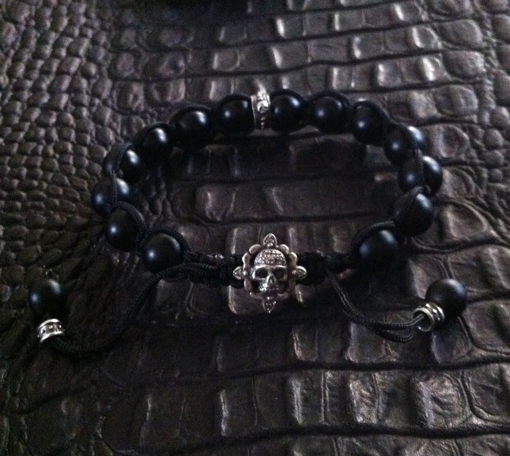 Sterling Silver Skull Diamond Pave Bracelet with Black Onyx Beads