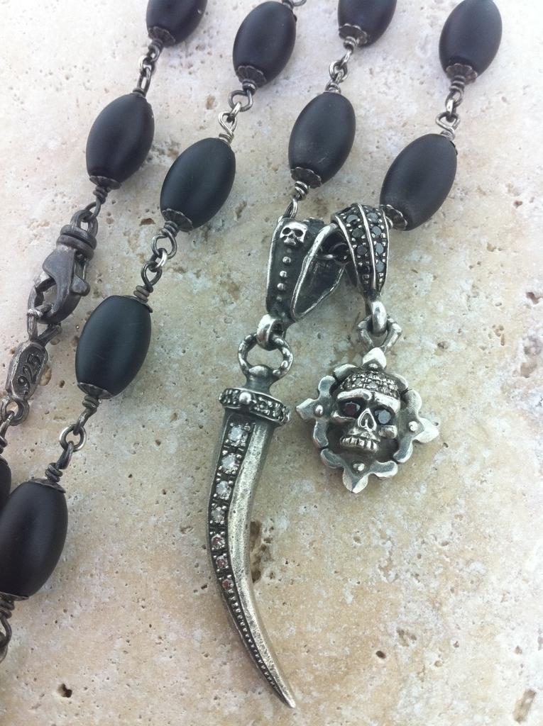 Sterling Silver Diamond Pave Italian Horn & Skull Necklace with Onyx Beads