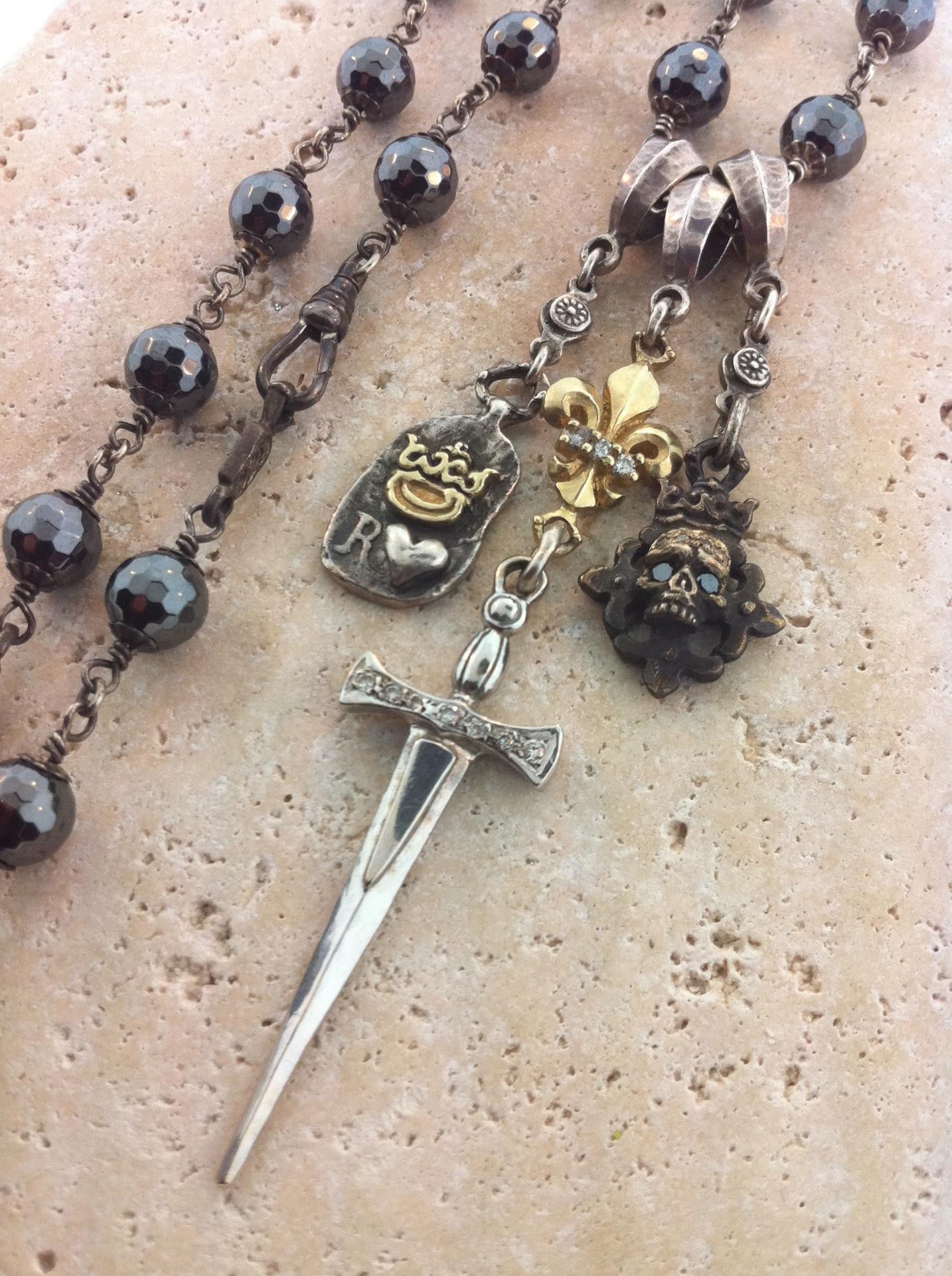 Gold, Silver & Bronze Multi Charm Sword Necklace
