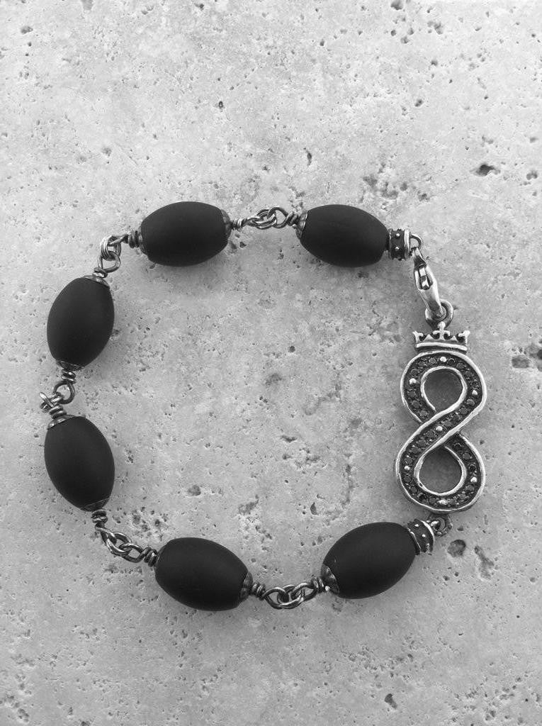Sterling Silver Crowned Infinity Black Diamond Pave Bracelet with Onyx Beads
