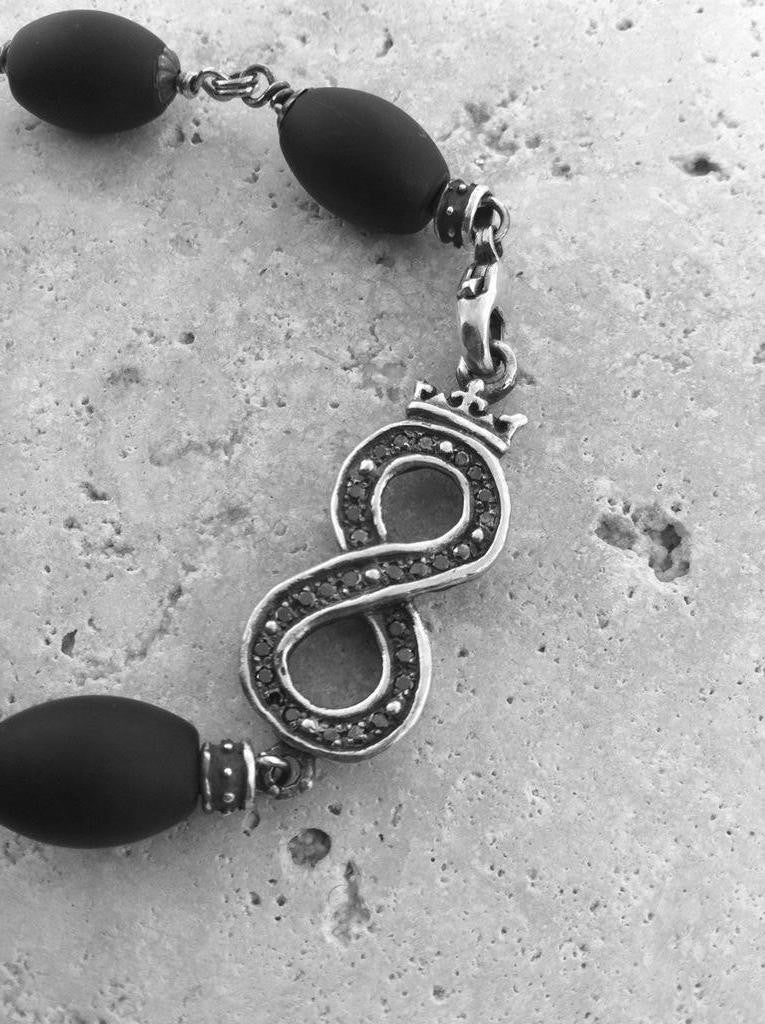 Sterling Silver Crowned Infinity Black Diamond Pave Bracelet with Onyx Beads
