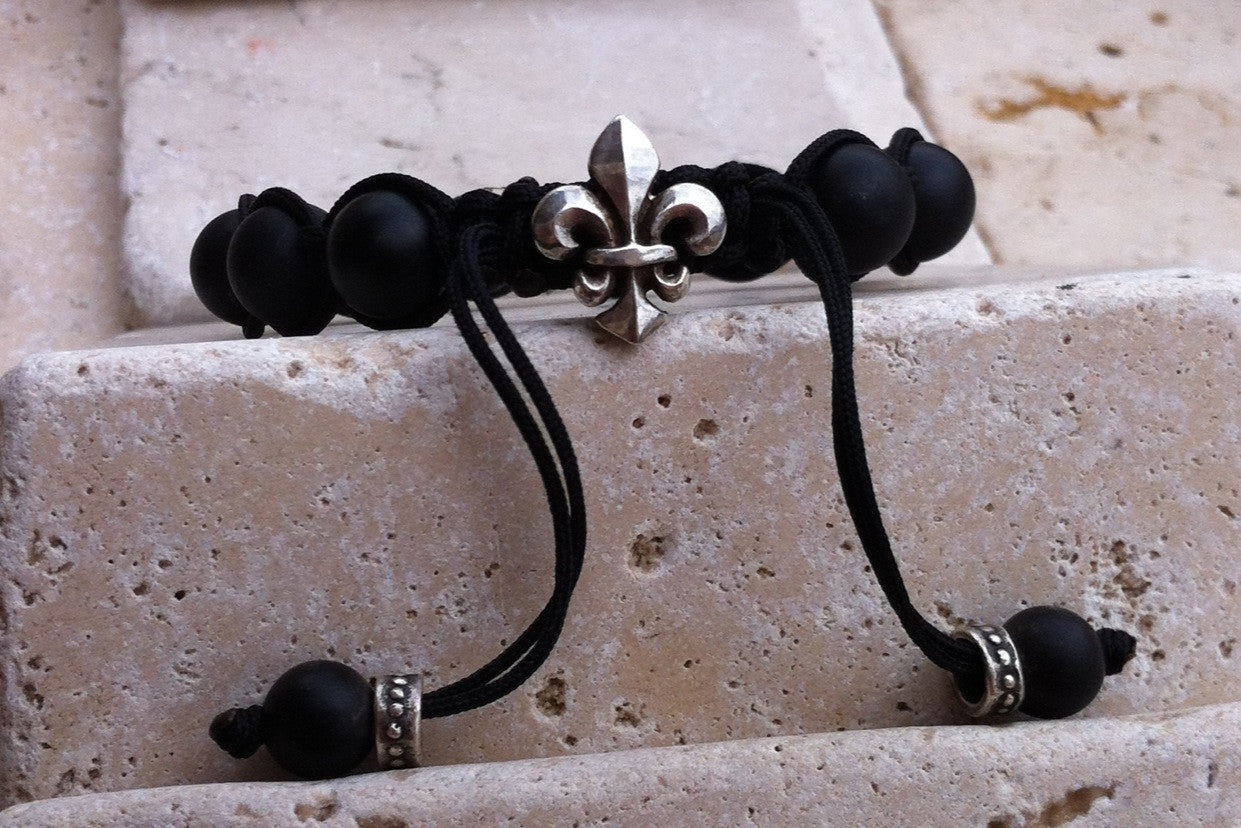 Sterling Silver Fleur De Lis Bracelet with Silver Rondels & Black Onxy Beads