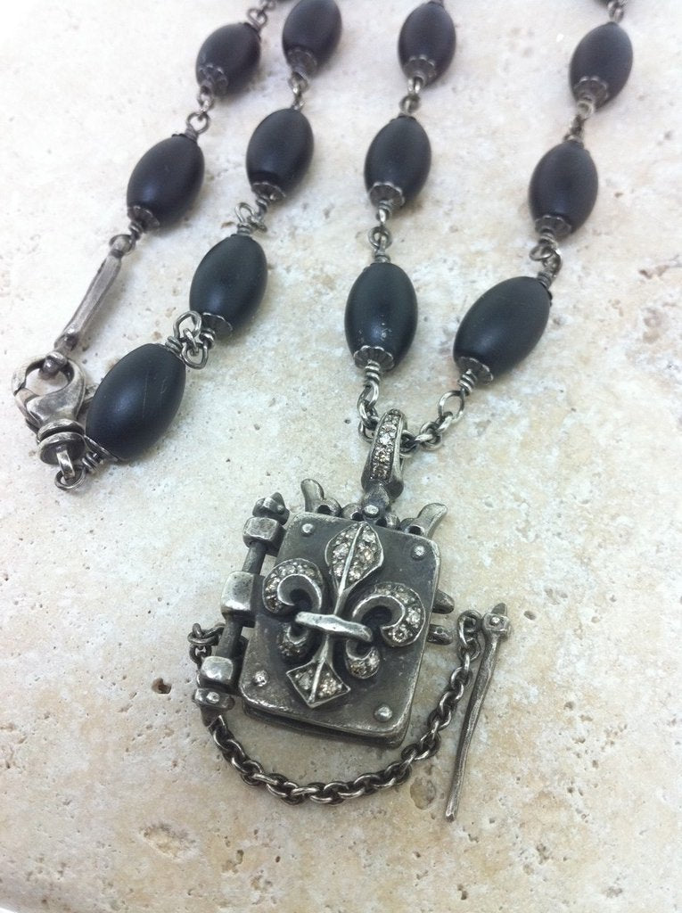 Sterling Silver Crowned Fleur De Lis Locket Book Champagne Diamond Pave with Oval Onyx Beads