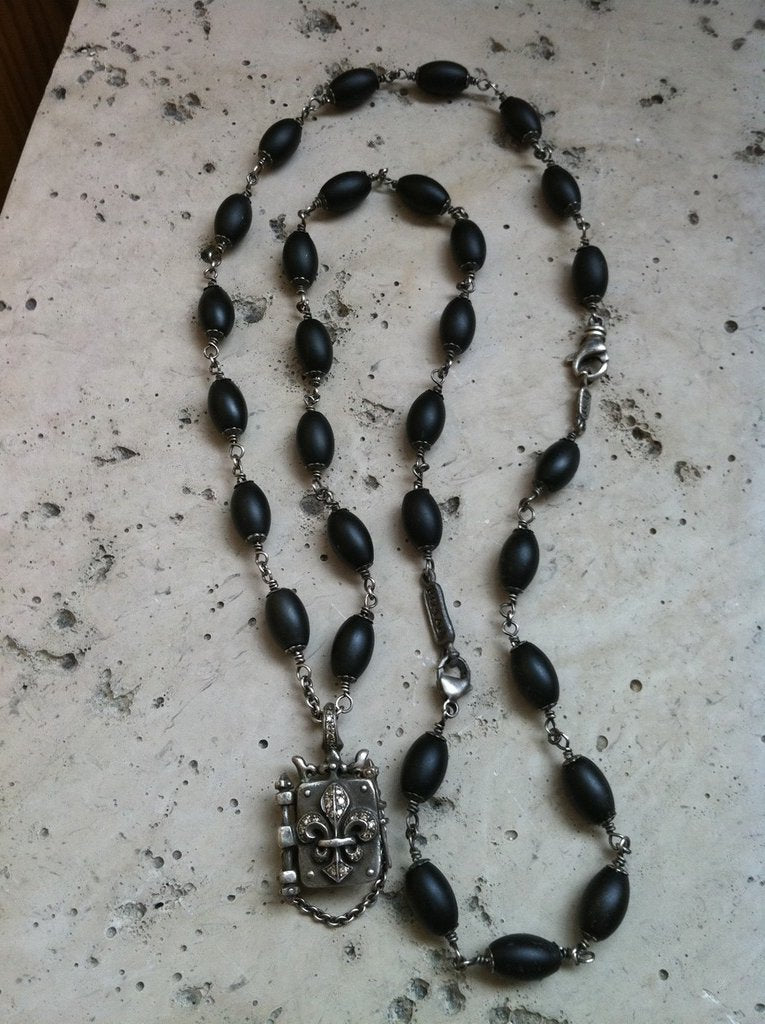 Sterling Silver Crowned Fleur De Lis Locket Book Champagne Diamond Pave with Oval Onyx Beads