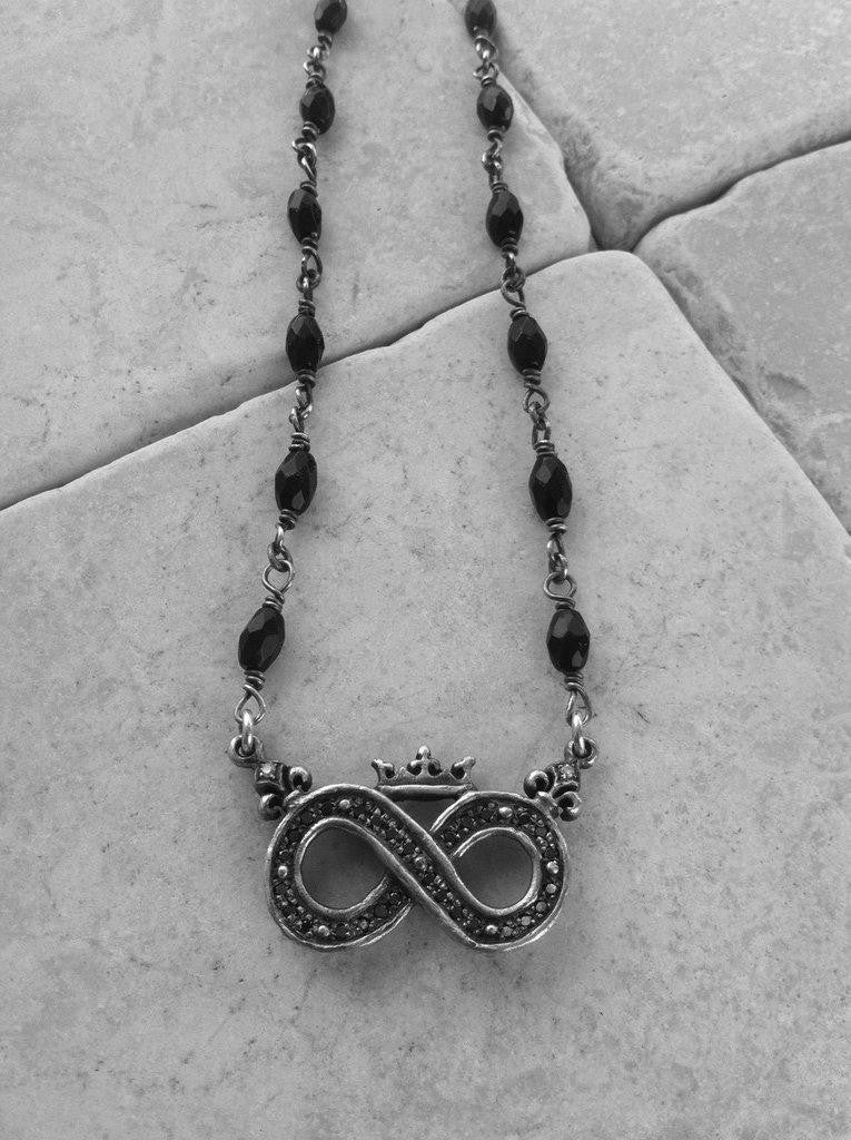 Sterling Silver Diamond Pave Crowned Infinity Sign with Onyx Oval Beads Necklace
