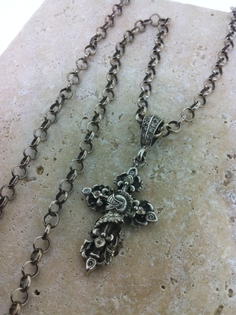 Sterling Silver Knight Helmet Profile Cross Diamond Pave Necklace