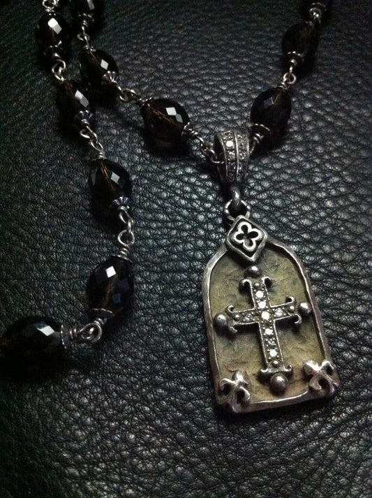 Sterling Silver Cross In Frame with Diamonds & Somky Topaz Beads