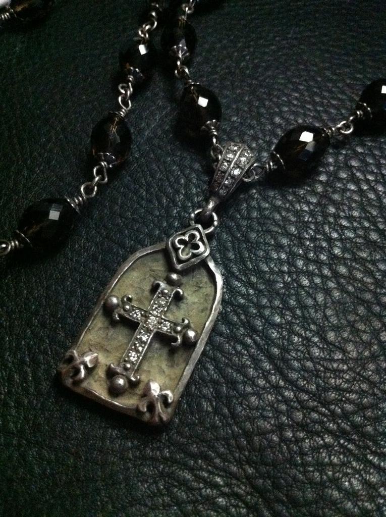 Sterling Silver Cross In Frame with Diamonds & Somky Topaz Beads