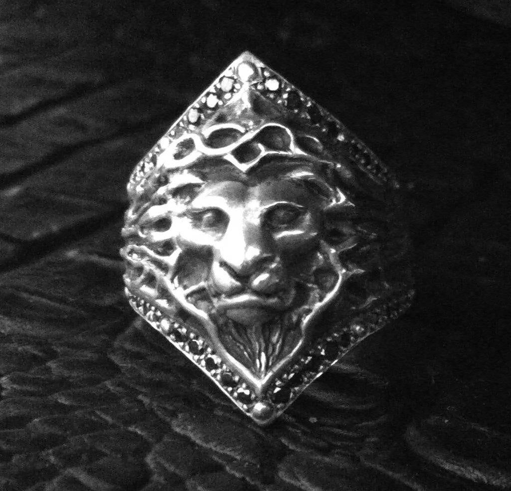Sterling Silver Lion Black Diamond Pave Ring