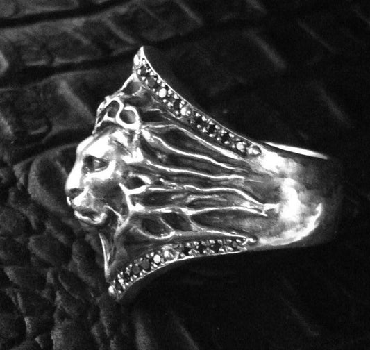 Sterling Silver Lion Black Diamond Pave Ring