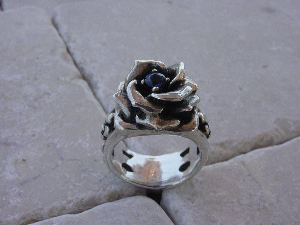 Sterling Silver Blue Sapphire Four Fleur De Lis Rose Ring