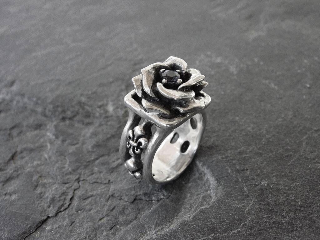 Sterling Silver Blue Sapphire Four Fleur De Lis Rose Ring