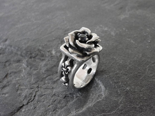 Sterling Silver Blue Sapphire Four Fleur De Lis Rose Ring