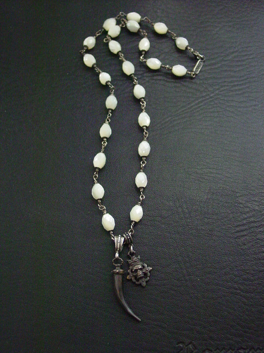 Silver Crowned Skull & Silver Horn Necklace
