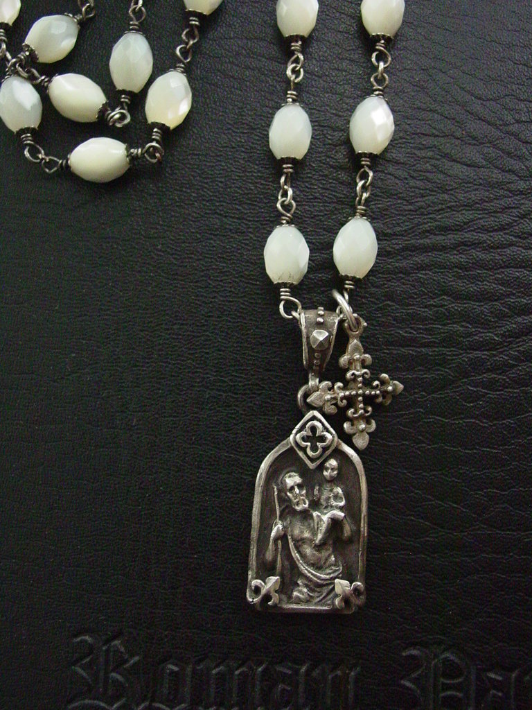 Sterling Silver St. Christopher Pendant & Cross with Mother of Pearl Beads