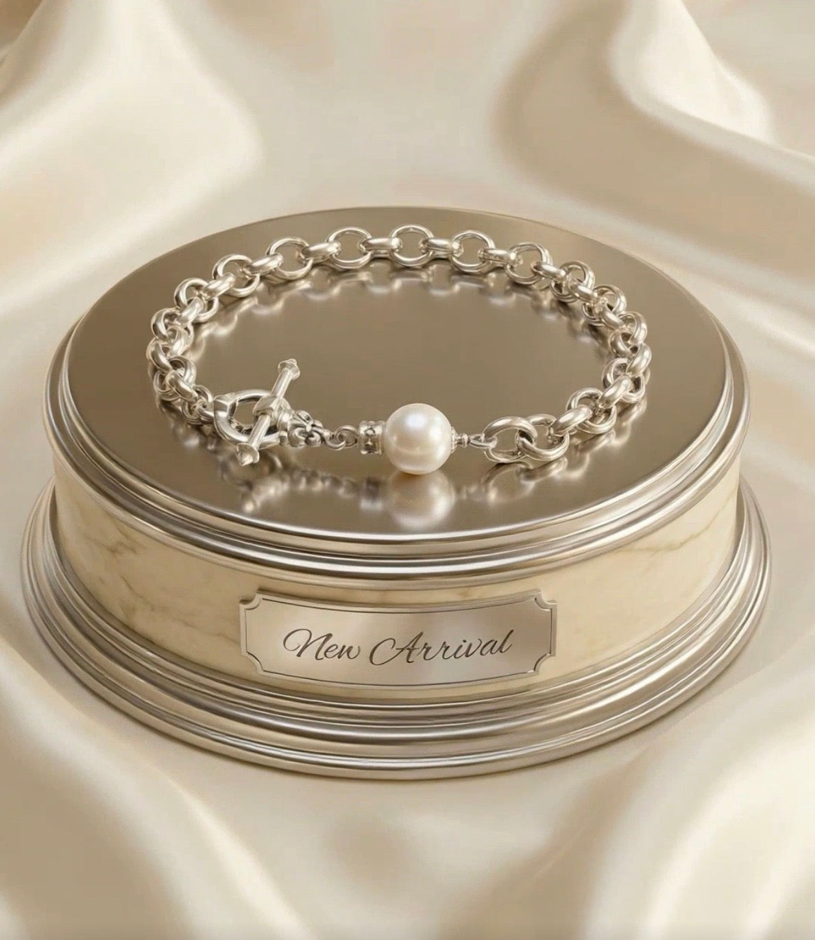 Sterling Silver Pearl Bracelet with Fleur de Lis Toggle Closure