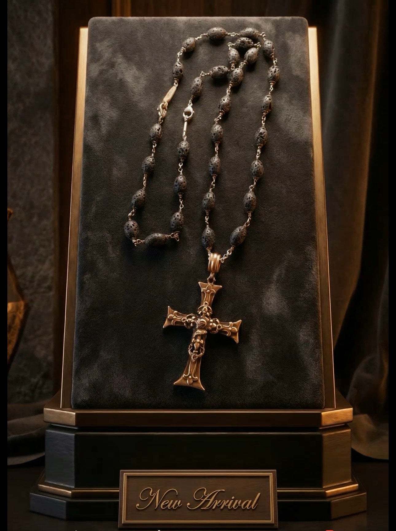 Roman Paul Bronze Fleur de Lis Cross Necklace with Rubies & Onyx Beads – Gothic Renaissance Style