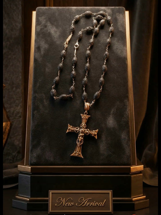 Roman Paul Bronze Fleur de Lis Cross Necklace with Rubies & Onyx Beads – Gothic Renaissance Style