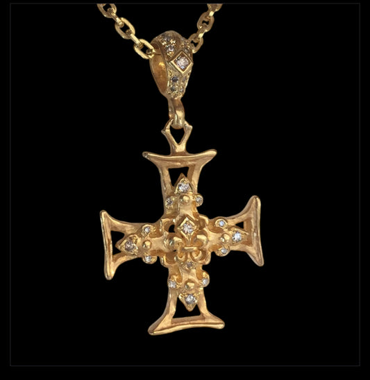 Necklace - Golden Fleur de Lis Cross with Diamonds