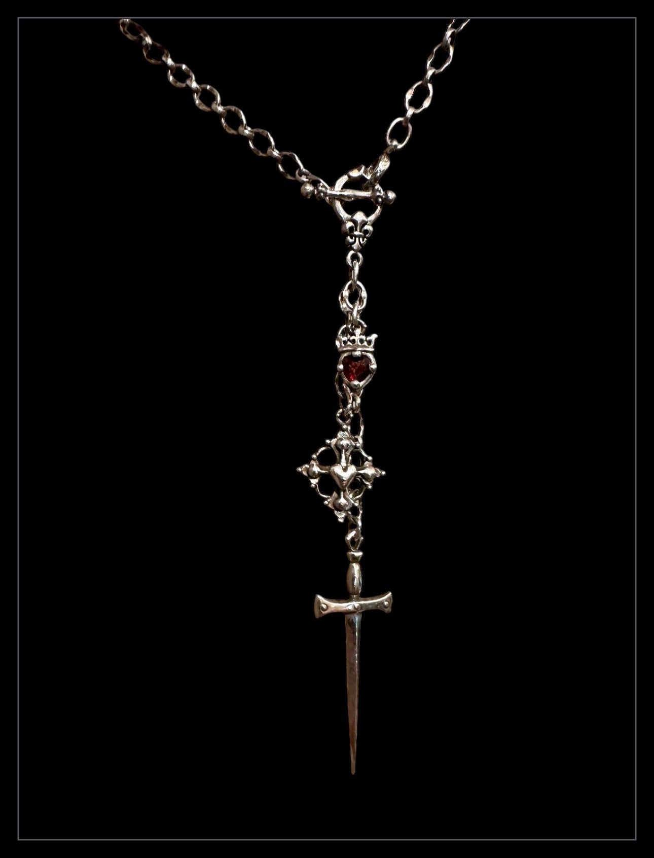 Triple Charm Sword and Garnet Heart w Crown - Main Image