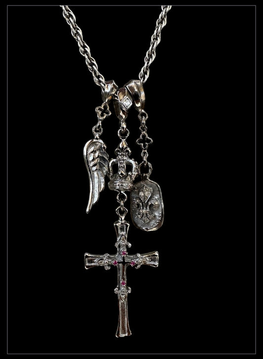 Crowned Cross Triple Charm Necklace