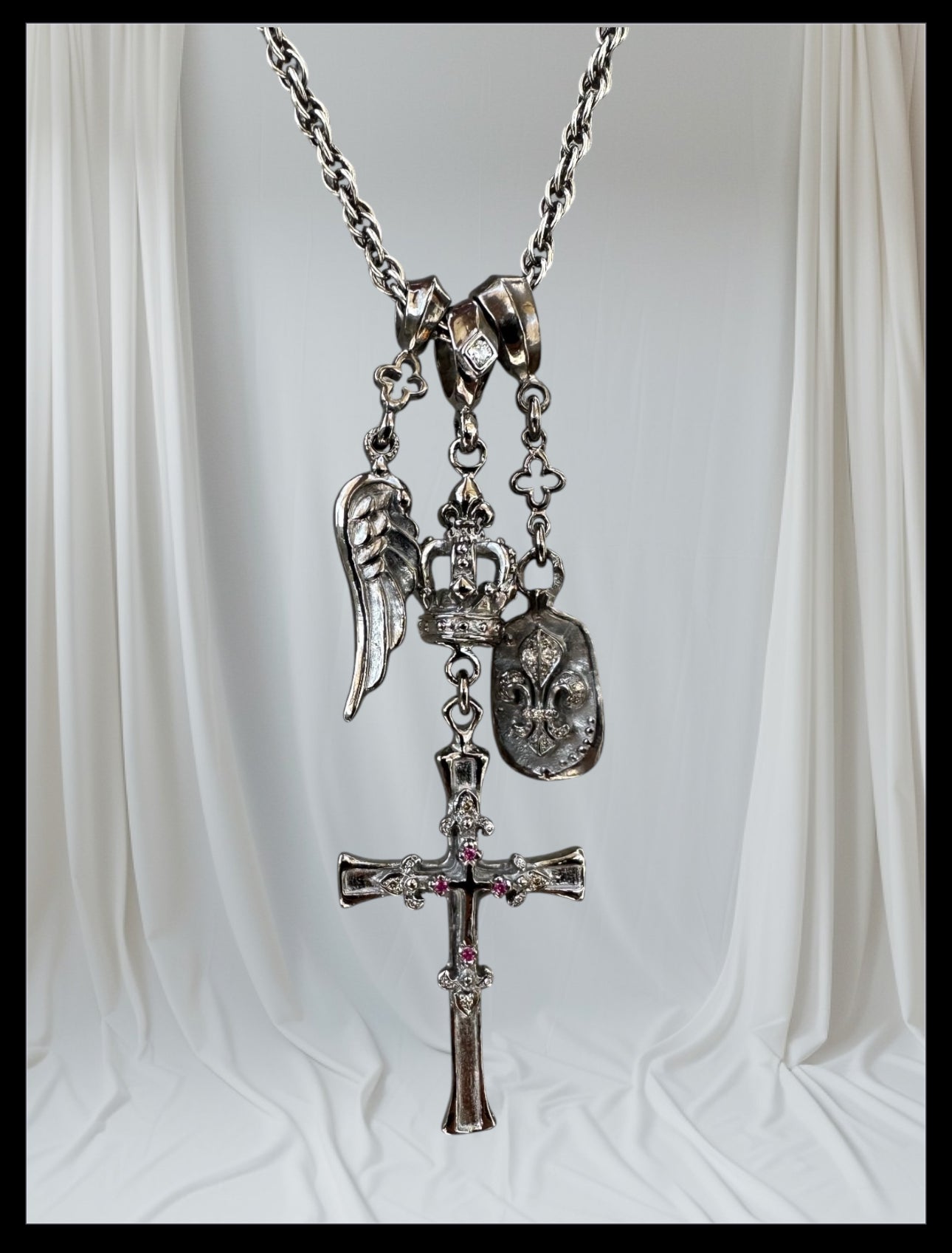 Crowned Cross Triple Charm Necklace