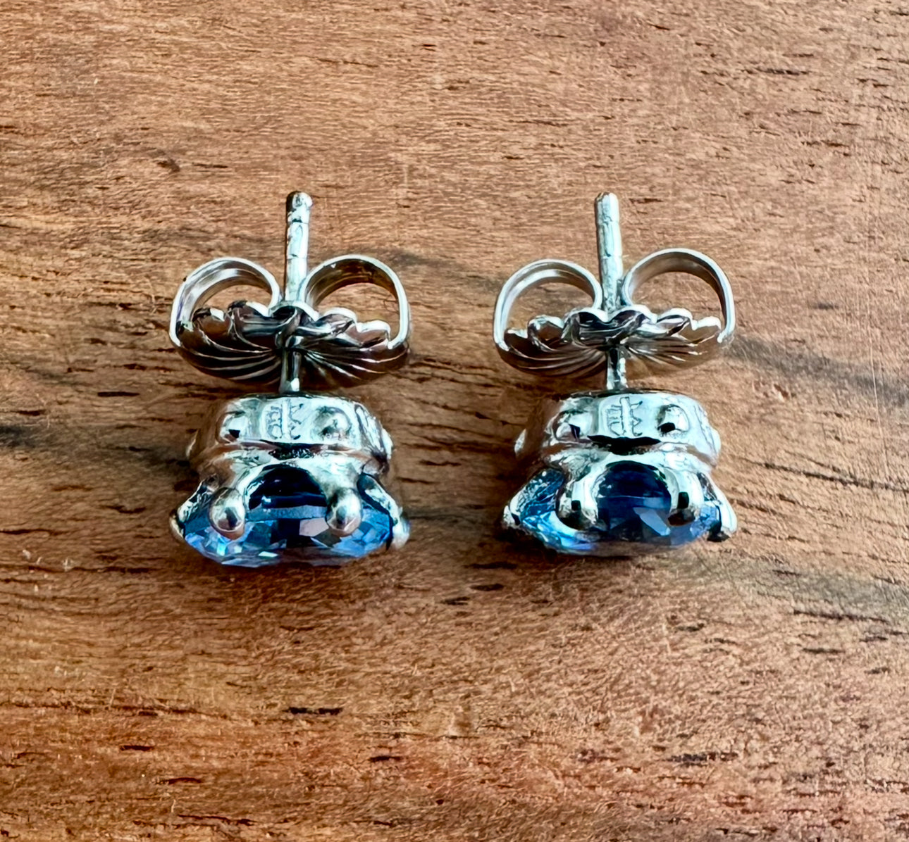Sterling Silver Crown Stud Earrings with Aquamarine CZ