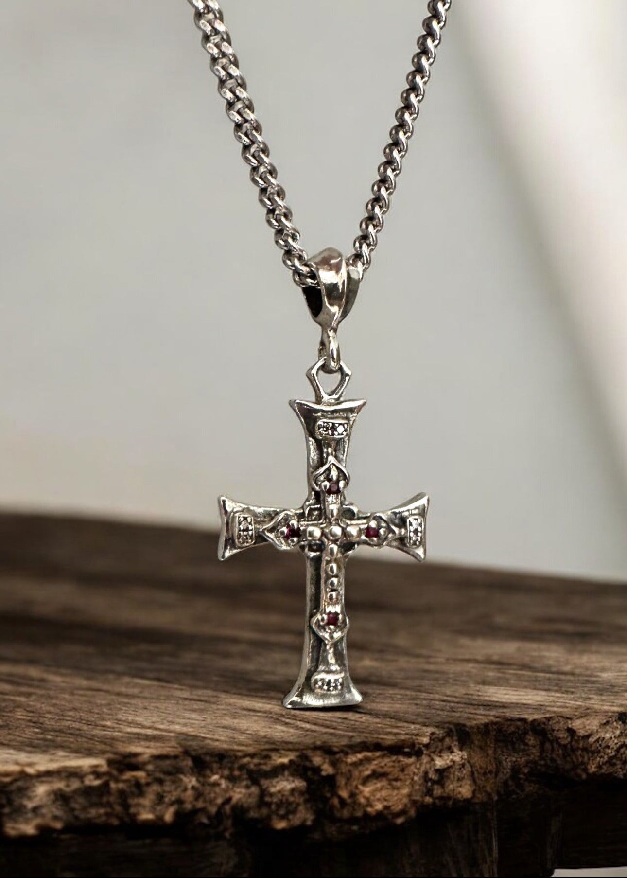 Roman Paul Sterling Silver Double Cross Necklace with White Diamonds and Red Rubies