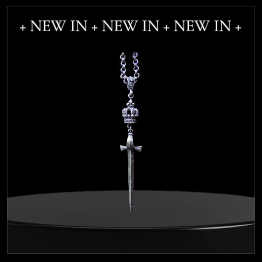 Sterling Silver Sword & Crown Necklace with Skull Bail