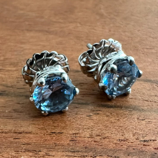 Sterling Silver Crown Stud Earrings with Aquamarine CZ