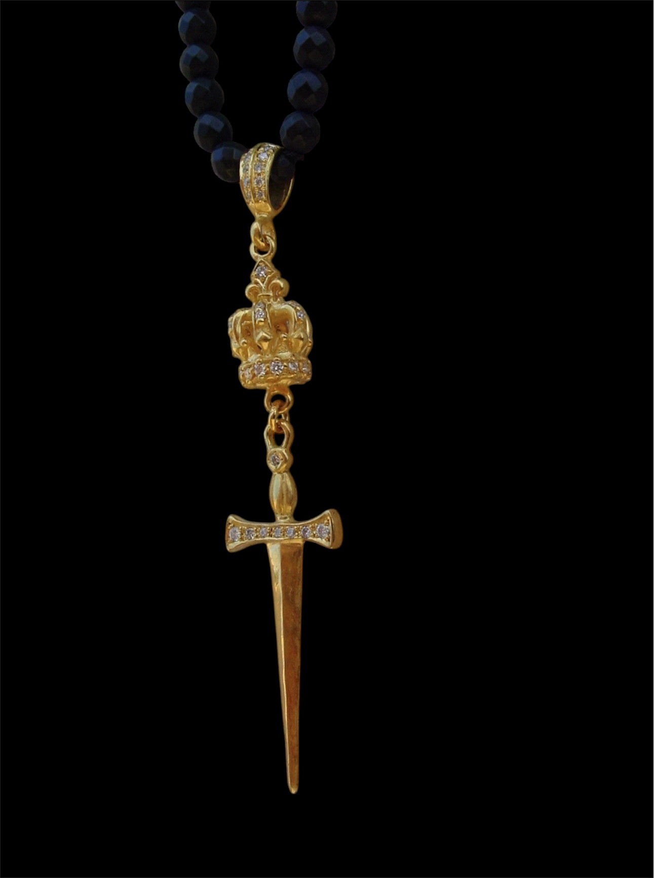 Necklace - Gold Sword & Crown White Diamonds