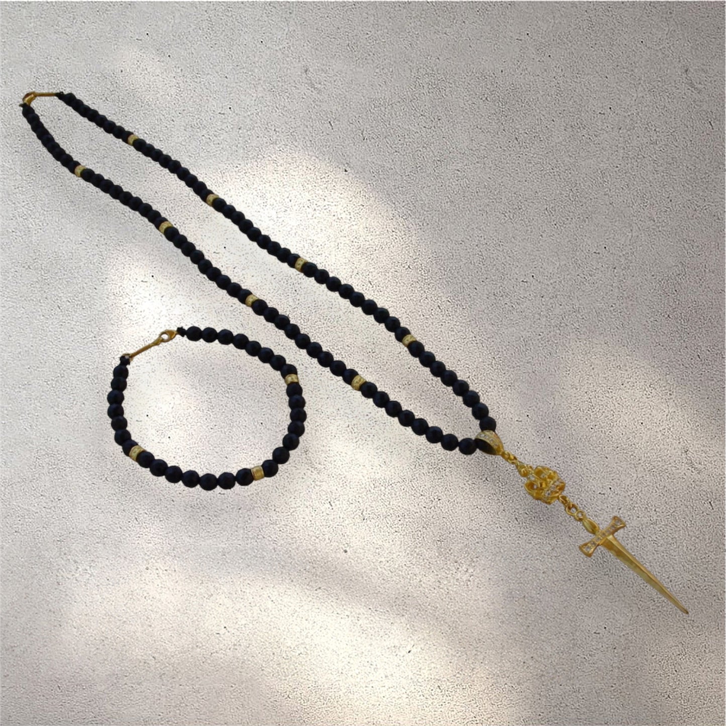 Necklace - Gold Sword & Crown White Diamonds