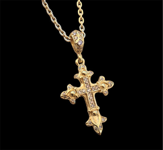 Necklace - Golden Double Cross with Diamonds