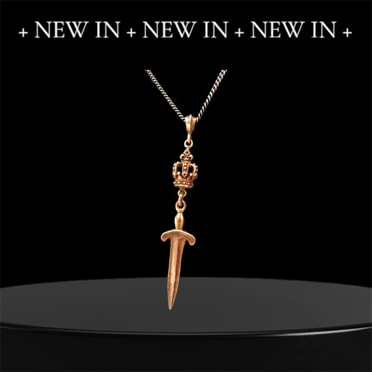 Necklace - Silver Rose-gold Ruby Crown and Sword