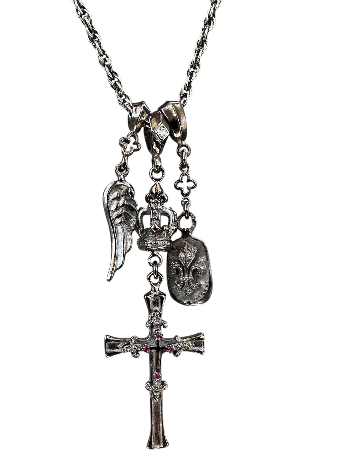 Crowned Cross Triple Charm Necklace