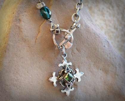 Sterling Silver Fleur De Lis Cross with Tourmaline Necklace On 18" Chain