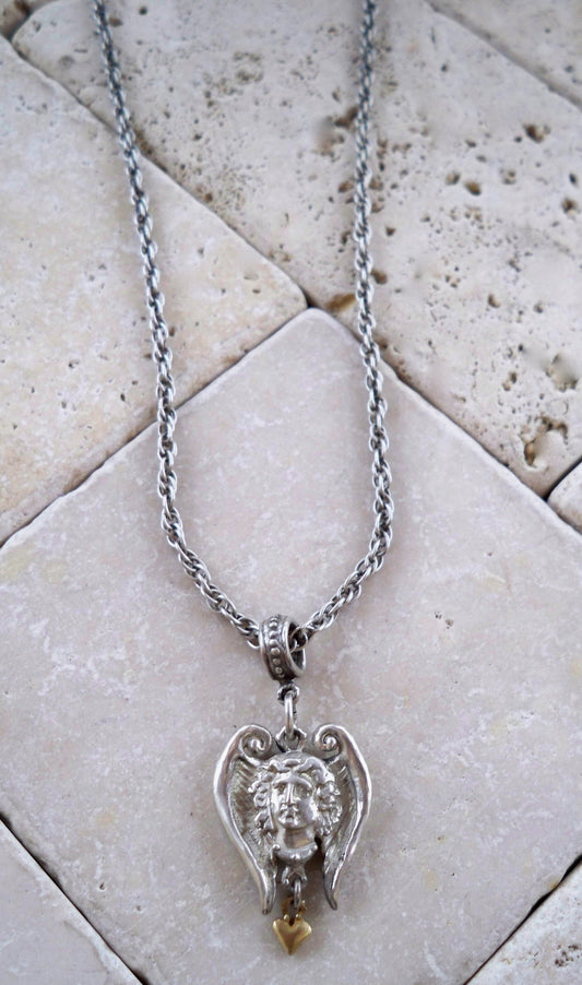 Sterling Silver Amor Angel with 18k Gold Heart Necklace