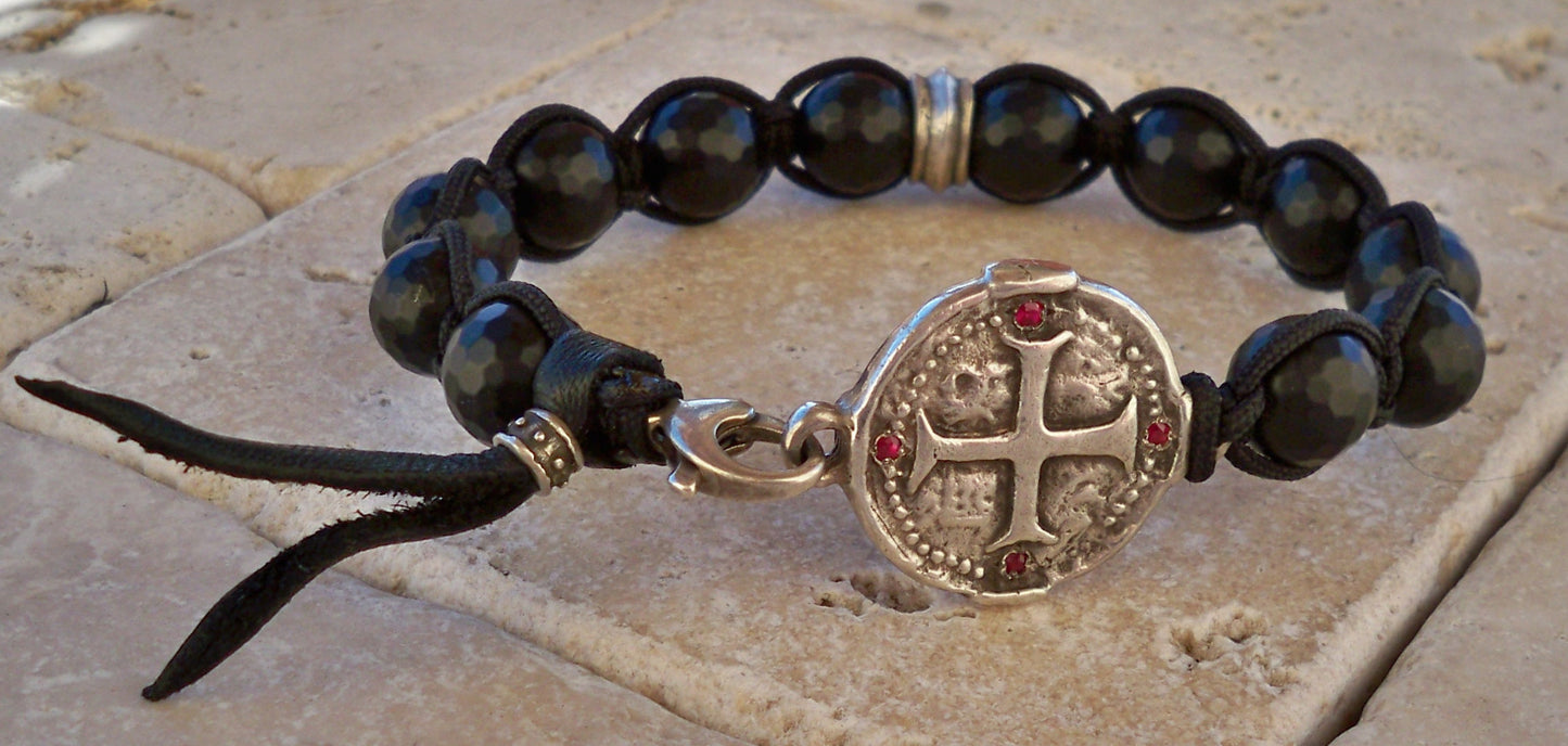 Sterling Silver Cross Medallion Ruby Set Bracelet with Black Faceted Onyx Beads