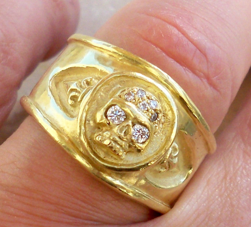 Yellow Gold Skull White Diamond Ring by Roman Paul