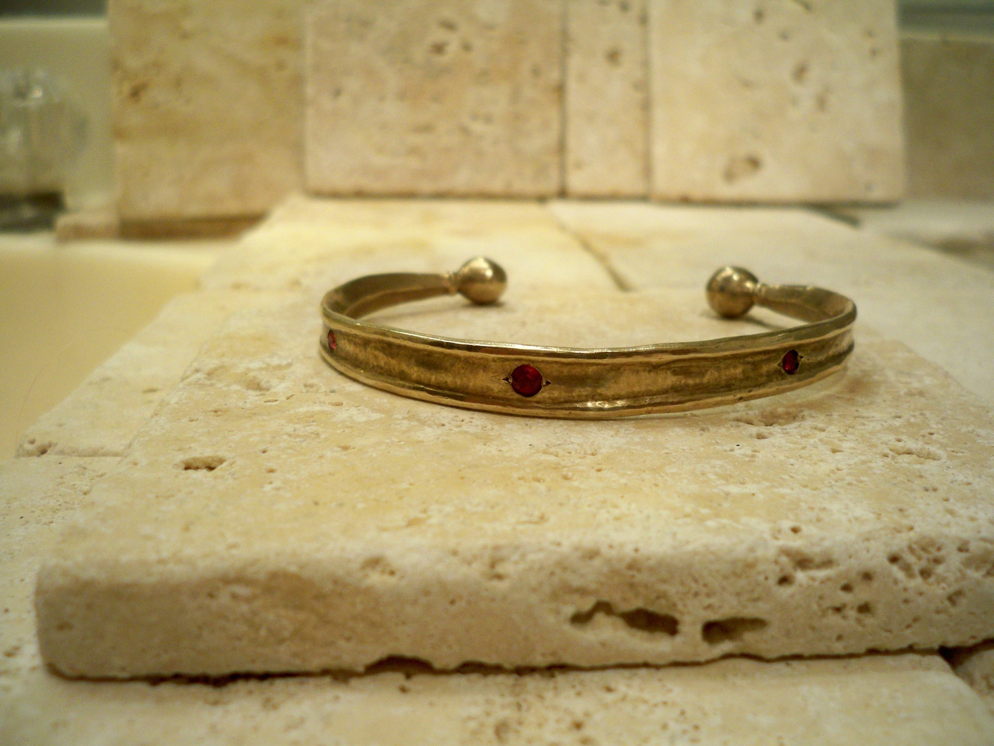 Bronze jewelry cuff red rubies gold layer