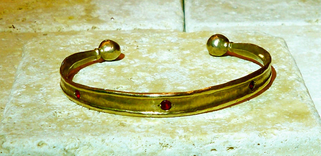 Bronze jewelry cuff - red rubies - gold layer