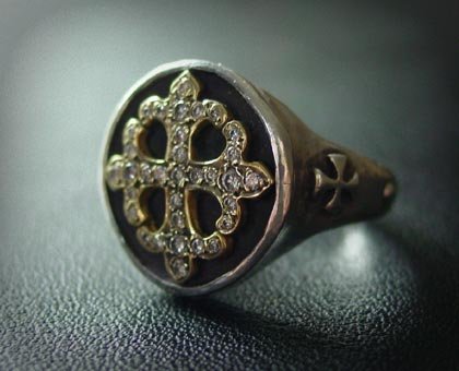 Sterling Silver with 18k Gold Diamond Pave Fleur De Lis Cross Ring
