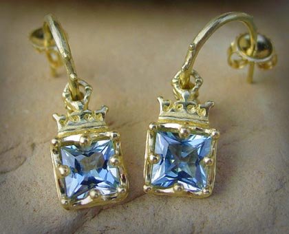 Gold Crowned Frames Aquamarine Earrings