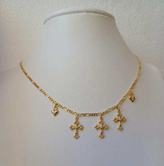Necklace - Three Crosses & Two Hearts