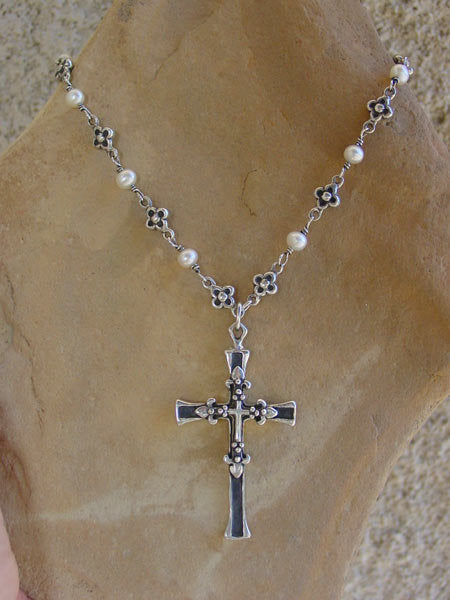 Sterling Silver Triple Cross Necklace with Daisy Flowers & White Pearls