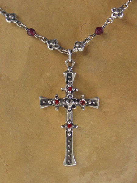 Sterling Silver Heart Cross with Garnet Pave & Rose Cut Garnet Beads