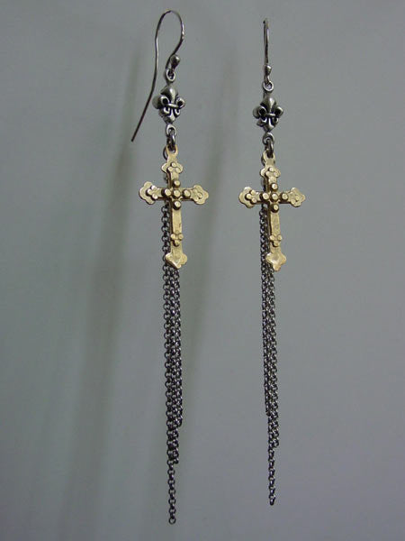Gold Cross Silver Fleur De Lis & Tassel Earrings by Roman P.