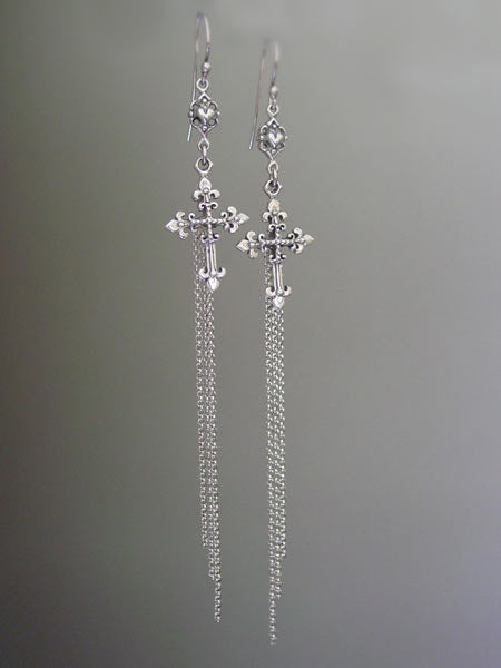 Sterling Silver Crosses with Framed Heart Links & Tassel Hook Earrings