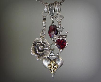 Triple Charm Necklace with Garnets, Silver & 18k Gold Fleur de Lis