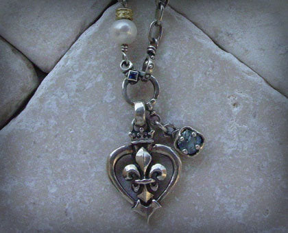 Sterling Silver Heart Shaped Framed Fleur De Lis Necklace with Blue Topaz & White Pearl